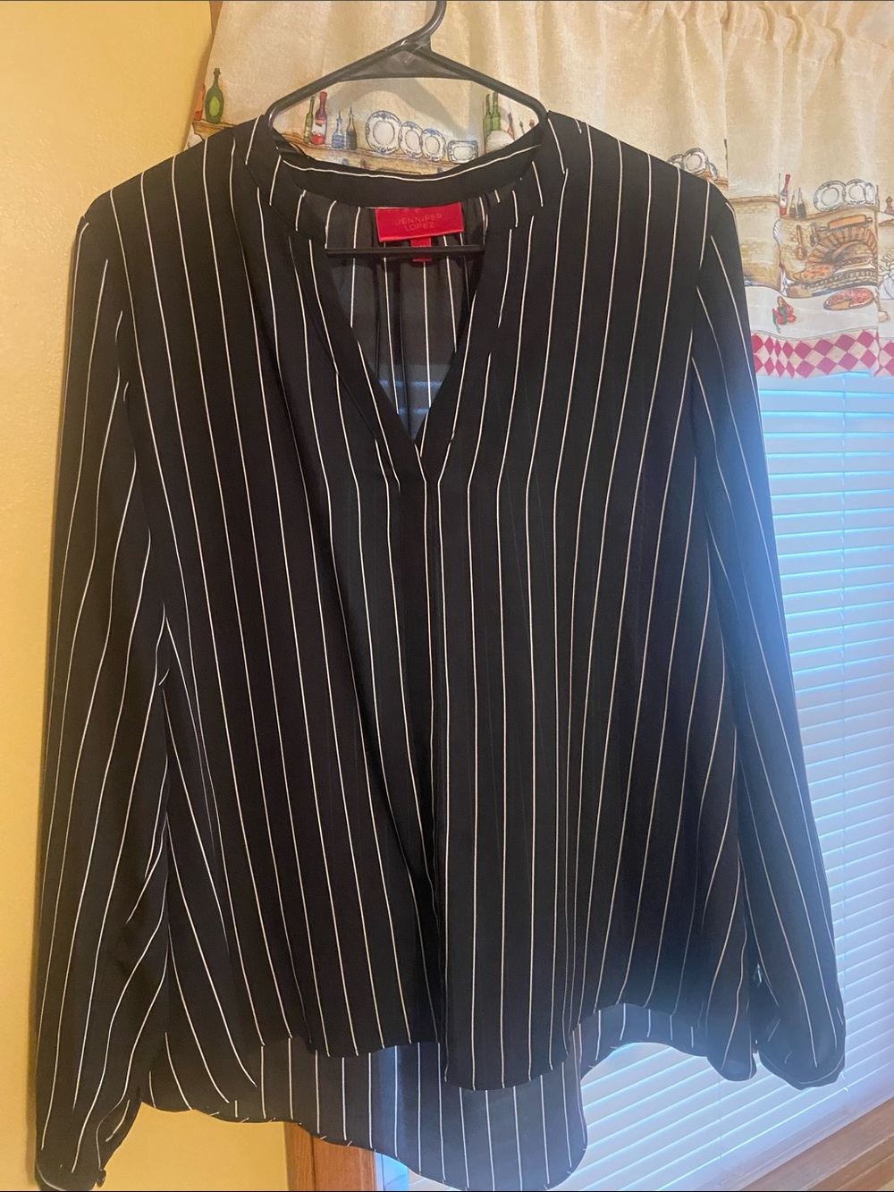 Jlo Women’s Black Pinstripe V-Neck Blouse